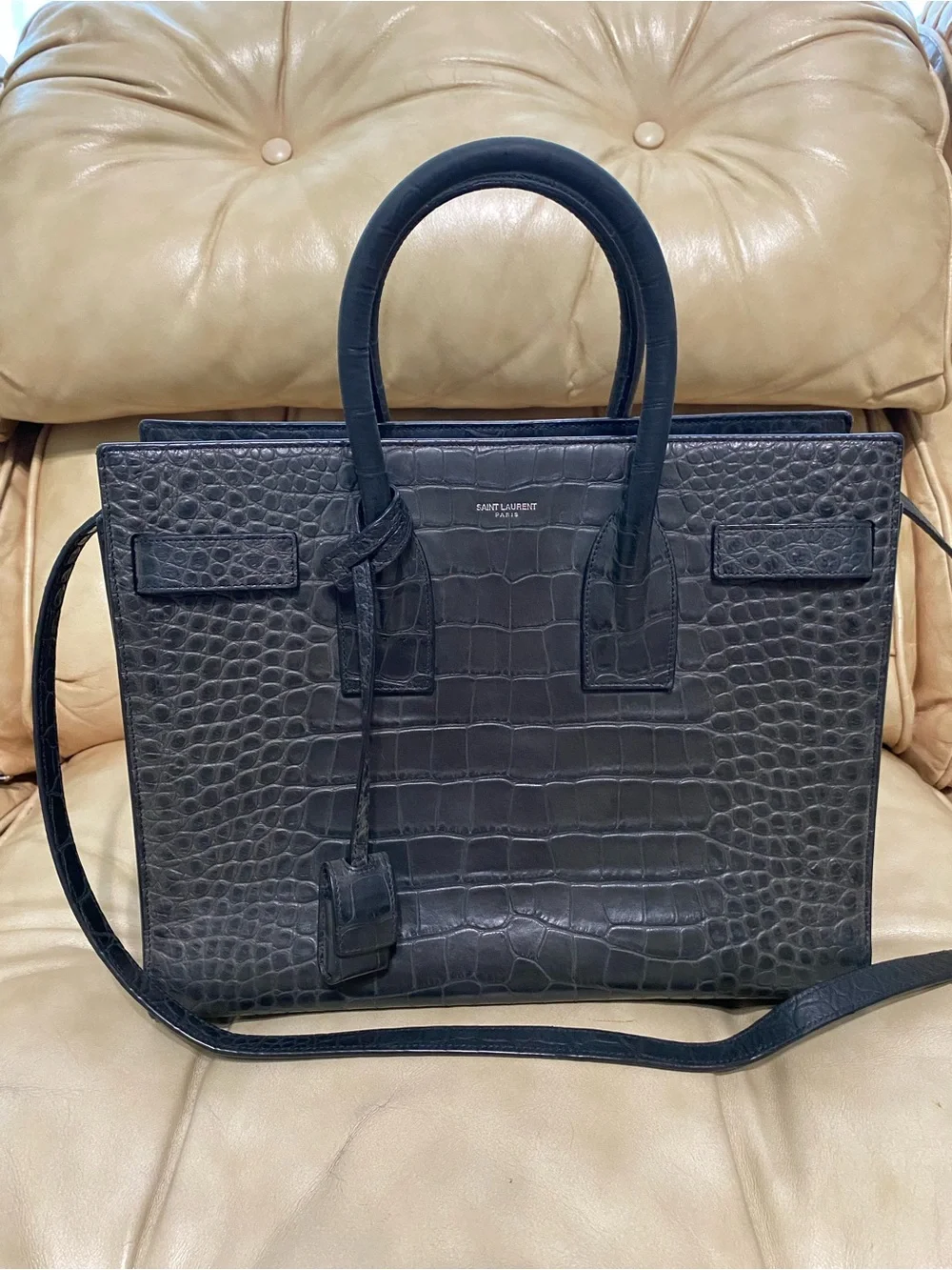 COA Saint Laurent Sac de Jour Tote Black Leather Satchel Bag Crocodile